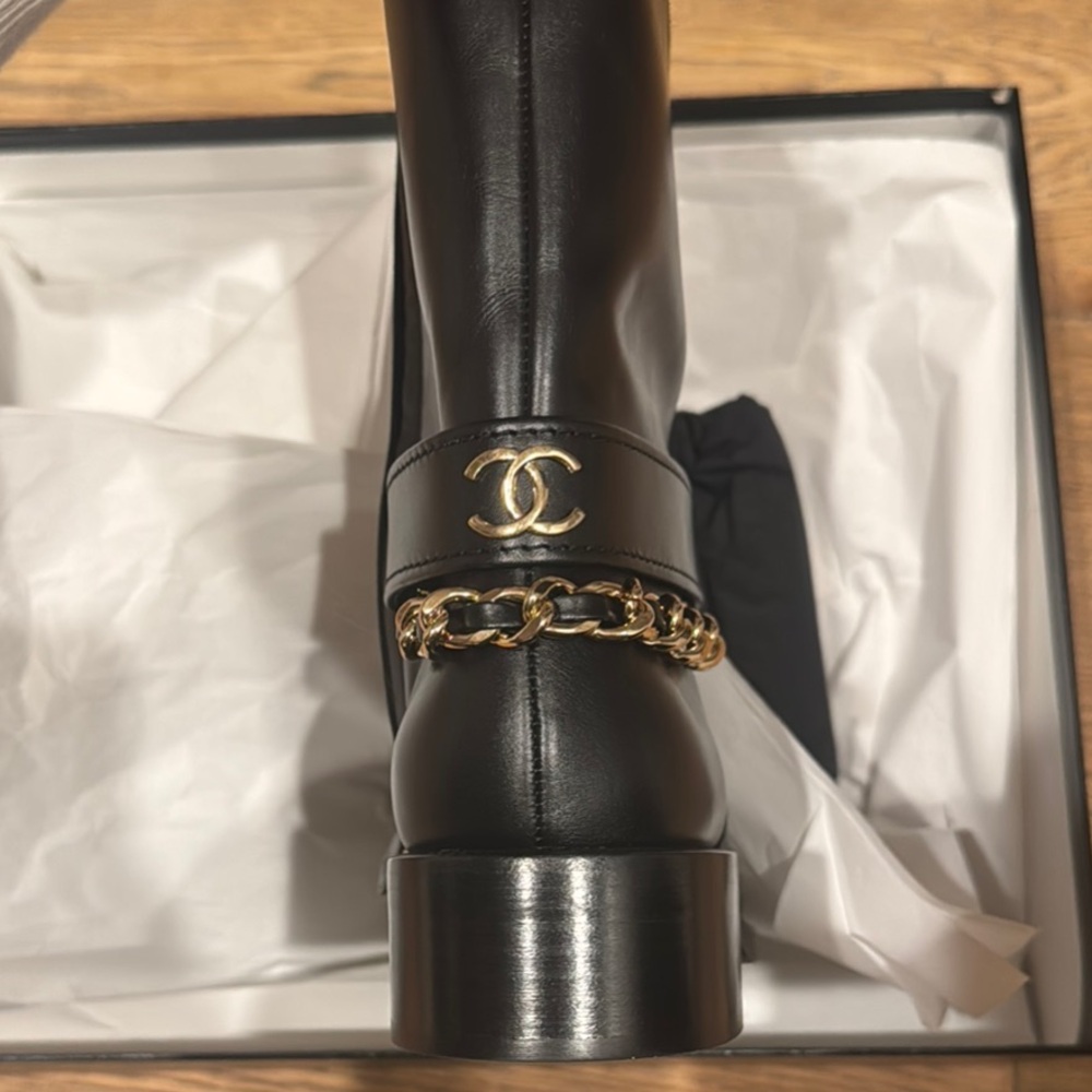Chanel Black Leather Booties with Gold Chain